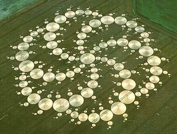 The Milk Hill formation, Wiltshire, August 2001. 409 circles across 900 feet, appearing in a single night.