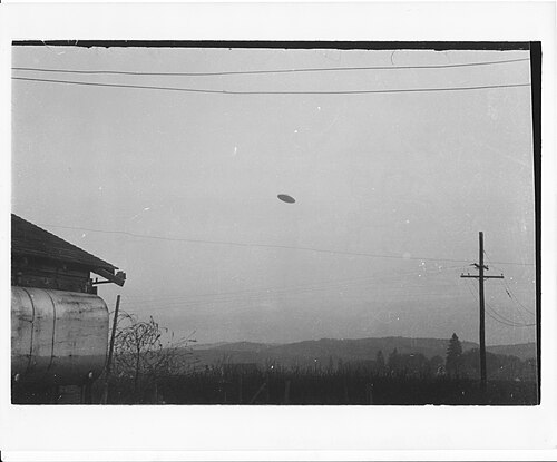 The McMinnville (Trent) UFO photograph, taken May 11, 1950 in McMinnville, Oregon. One of the most studied UFO photographs in history.